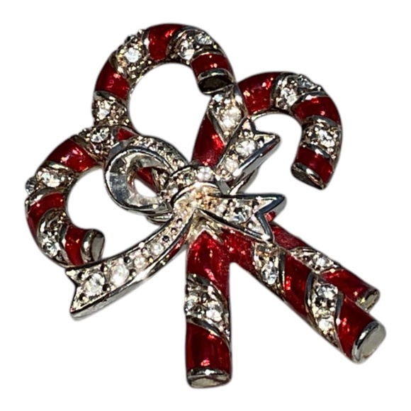 Monet Red and Silver Candy Cane Brooch Vintage Rhinestones 2” long - Picture 3 of 9